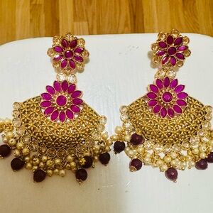 Gold and Pink Floral Dangle Earrings